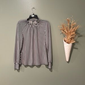 Adrianna Papell Black/White Stripe Ruffle Neck, Long Sleeve Blouse Small EUC